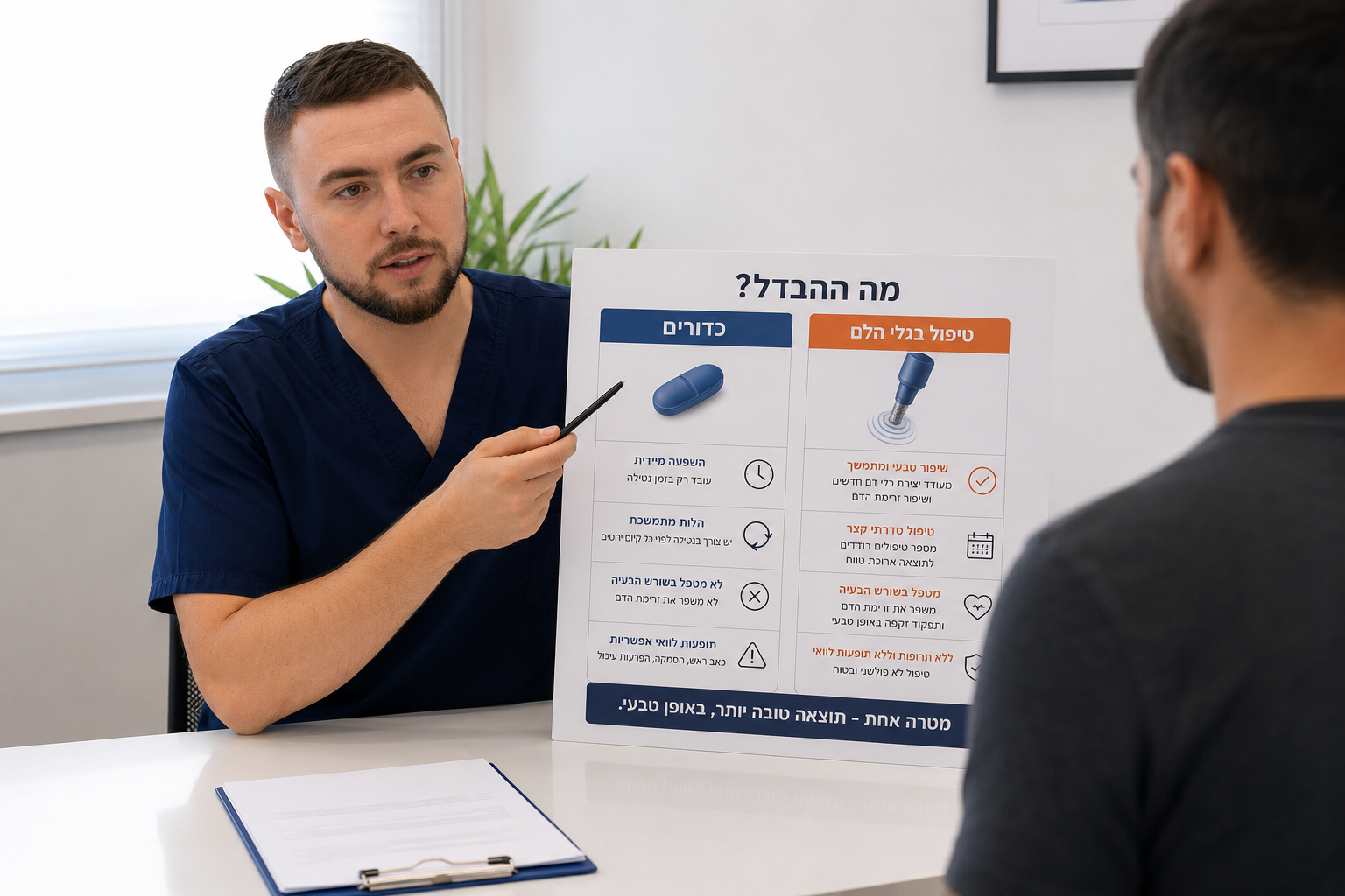 רופא מסביר למטופל את ההבדלים בין טיפול ESWT בגלי הלם לבין ויאגרה וכדורי זקפה במהלך פגישת ייעוץ.